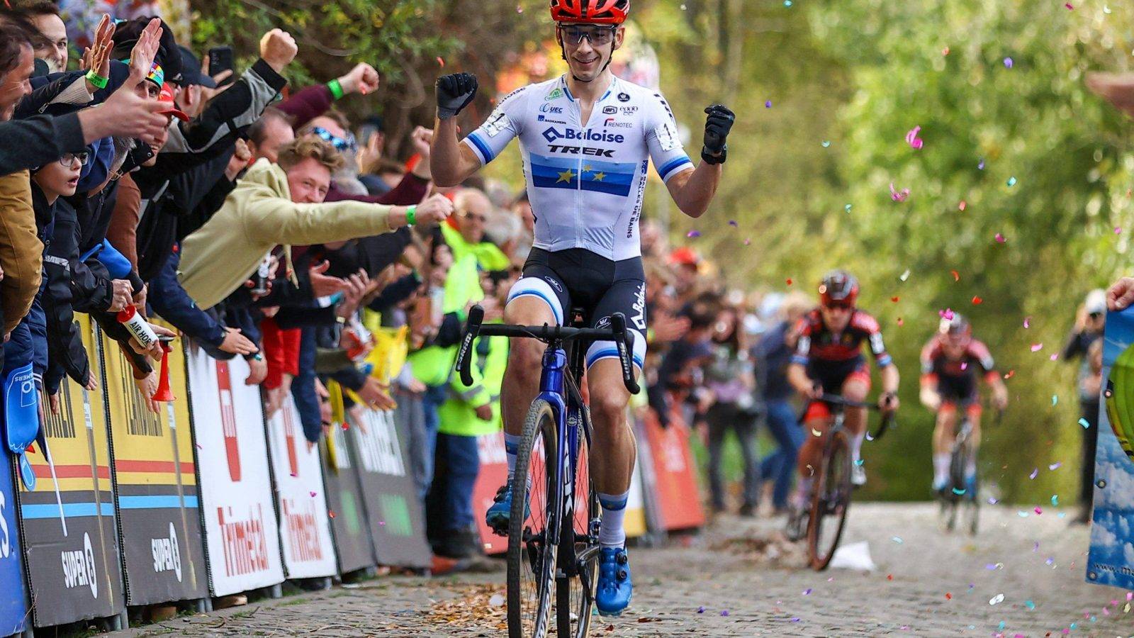 Dutch Lars Van Der Haar celebrates as he crosses the finish line to win the men's race during the Koppenbergcross, the first race (out of eight) of the X2O Badkamers trophy, in Melden, on Tuesday 01 November 2022. BELGA PHOTO DAVID PINTENS